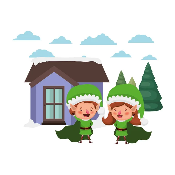 Casa con pini e coppia di elfi — Vettoriale Stock