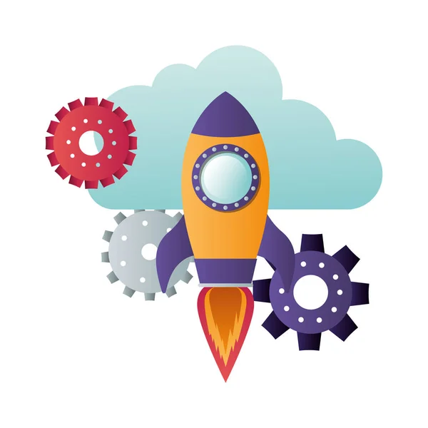 Rocket with gears and clouds isolated icon — Stock Vector