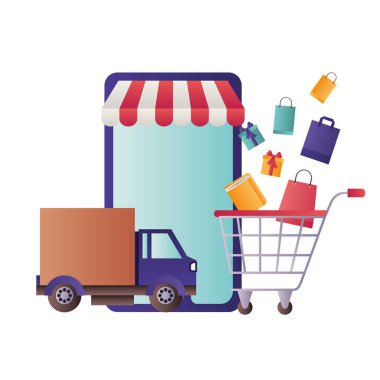 çadır ve alışveriş sepeti ile Smartphone