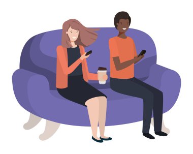kanepe avatar karakteri akıllı telefon kullanarak çift
