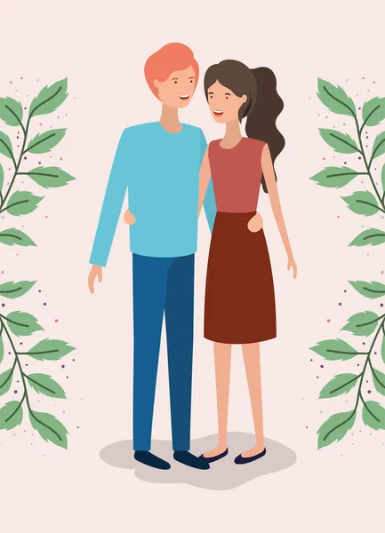 Amantes pareja con hojas corona caracteres — Vector de stock