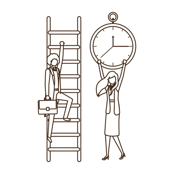 Pareja de negocios con carácter avatar escalera y reloj — Vector de stock