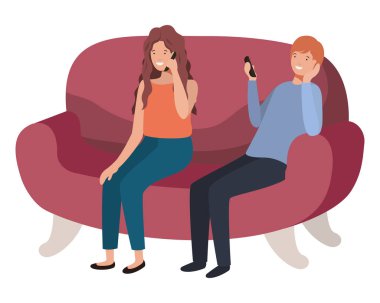 kanepe avatar karakteri akıllı telefon kullanarak çift