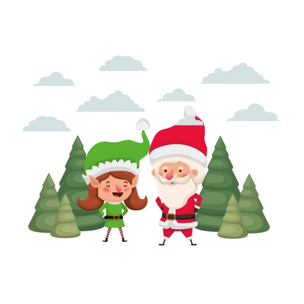 Santa claus com elfo mulher se movendo com árvores de natal — Vetor de Stock