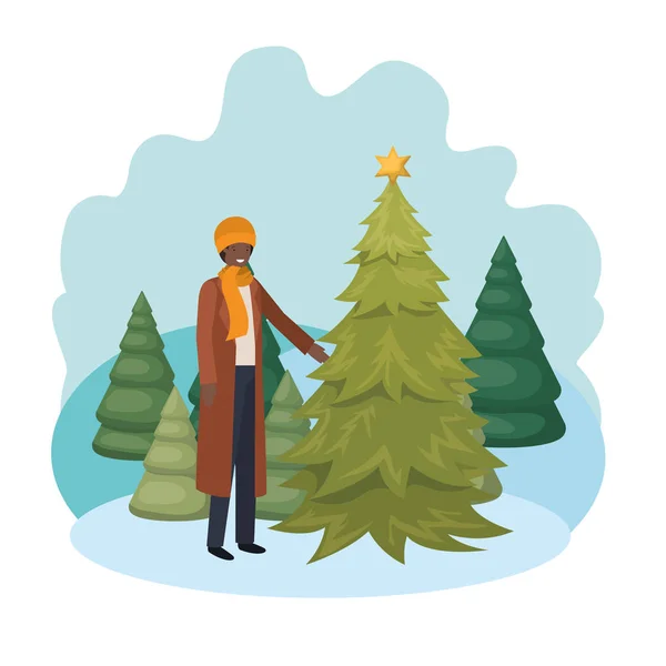 Muž s vánočním stromku v krajině — Stockový vektor