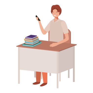 adam akıllı telefon ile okul sandalye ve masada oturan