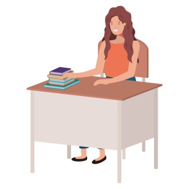 Okul sandalyesinde oturan ve kitap okuyan bir kadın.