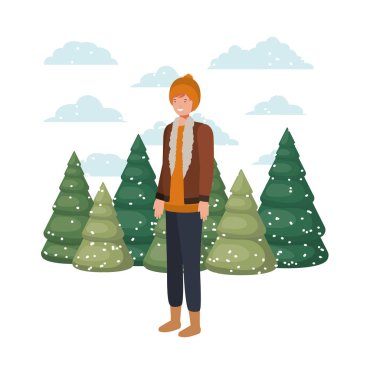 Genç adam kış giysileri ve kış çam avatar karakter