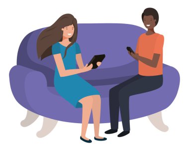 kanepe avatar karakteri akıllı telefon kullanarak çift