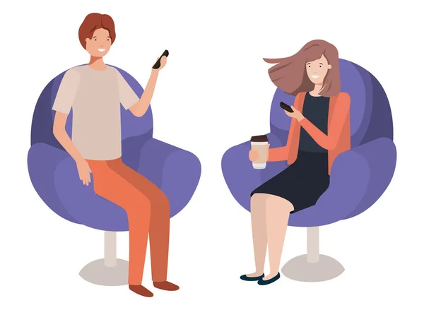 Junges Paar nutzt Smartphone auf dem Sofa — Stockvektor