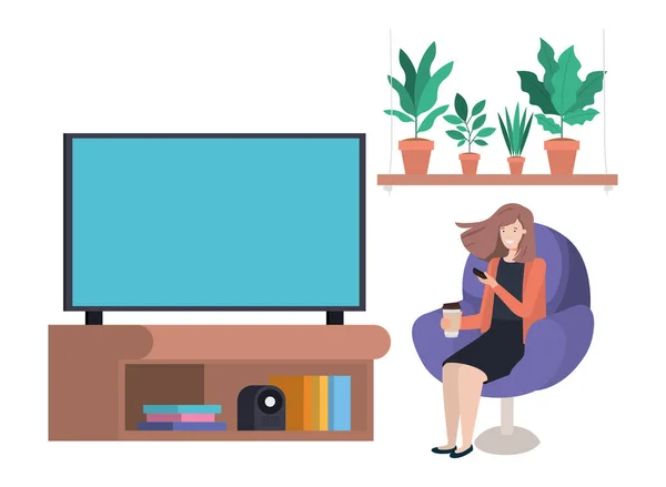 Giovane donna seduta sul divano a guardare la tv — Vettoriale Stock