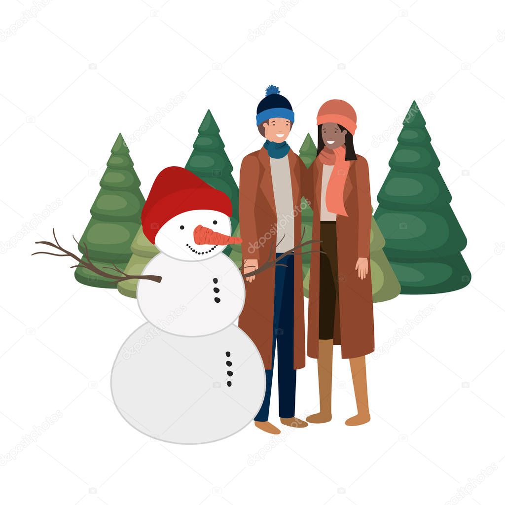 couple with snowman and pine trees