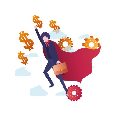 kahraman pelerin ve dolar sembolü ile işadamı