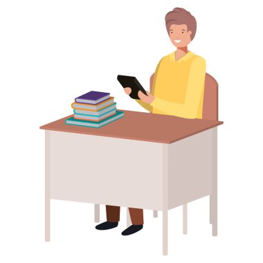 tablet kullanarak okul sandalye ve masada oturan adam