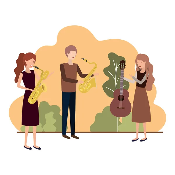 Group of people with musical instruments in landscape — Stock Vector
