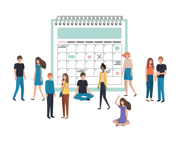 Calendario con personas alrededor de carácter avatar — Archivo Imágenes Vectoriales