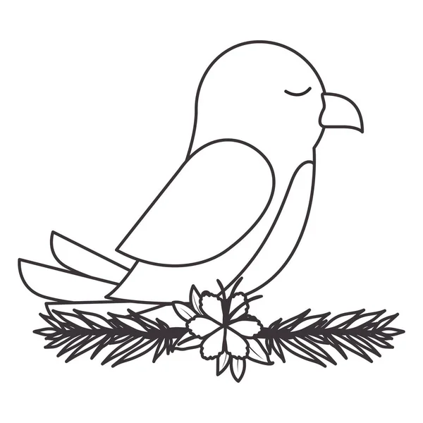 Schattige vogel met blaadjes en bloemen kroon — Stockvector