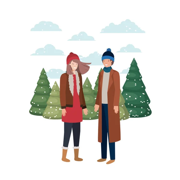 Couple avec vêtements d'hiver et avatar de pin d'hiver caractère — Image vectorielle