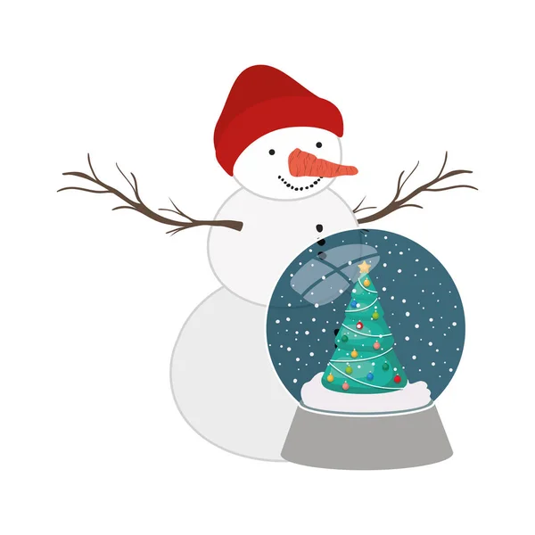 Arbre de Noël avec bonhomme de neige en boule de cristal icône isolée — Image vectorielle