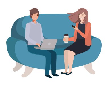 Kanepe avatar karakterinde dizüstü bilgisayar kullanan genç çift