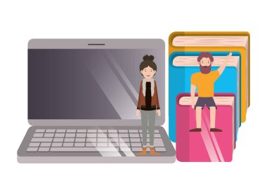 bilgisayar masaüstü ve kitap ile çift