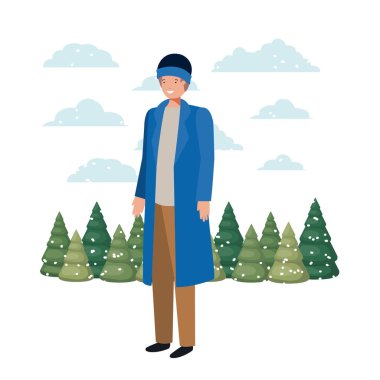 Genç adam kış giysileri ve kış çam avatar karakter