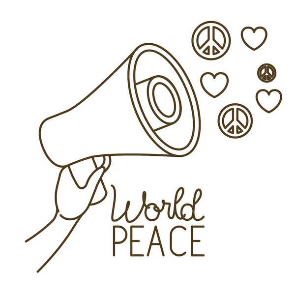 Megaphone in hand with world peace isolated icon — Stock Vector