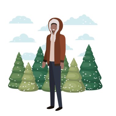 Genç adam kış giysileri ve kış çam avatar karakter