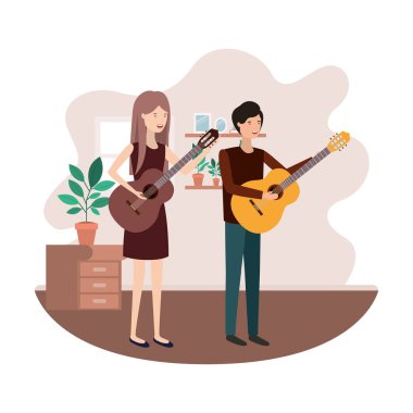 oturma odasında müzik aletleri ile çift