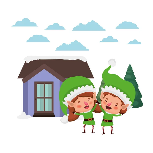 Dom z sosnami i kilka elfów — Wektor stockowy