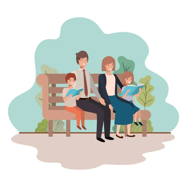 Rodiče dvojice s dětmi sedící na židli v parku — Stockový vektor