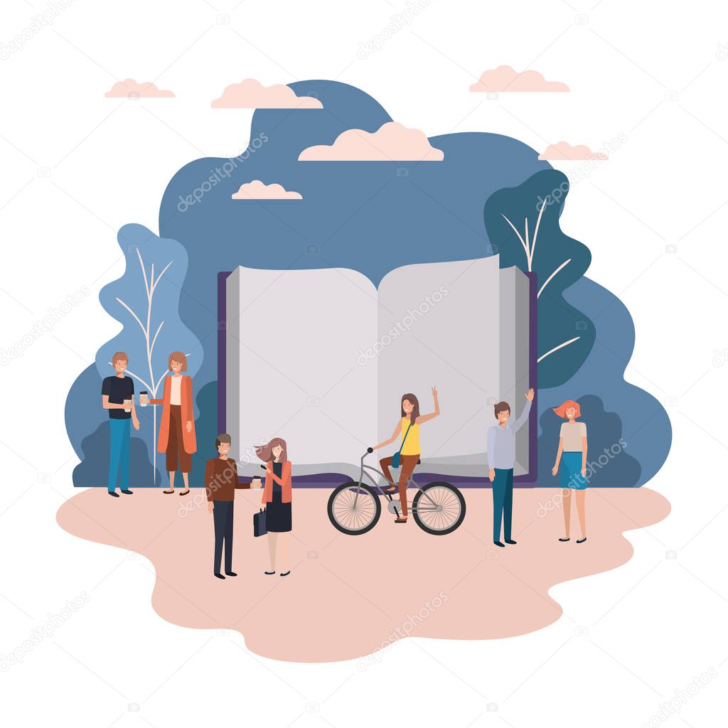 open book with group of people smiling avatar character