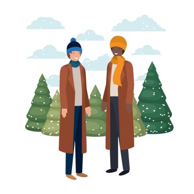 Erkekler kış giysileri ve kış çam ağaçları avatar karakter