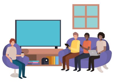 Grup içinde oturma teknolojisini kullanan adam