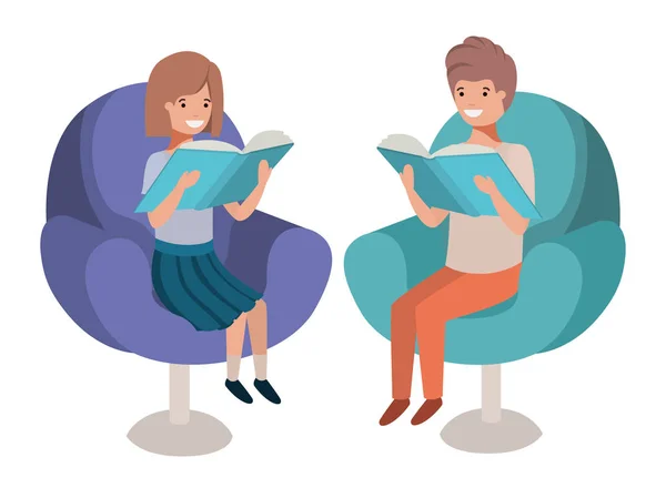 Coppia di bambini seduti sul divano con personaggio avatar libro — Vettoriale Stock