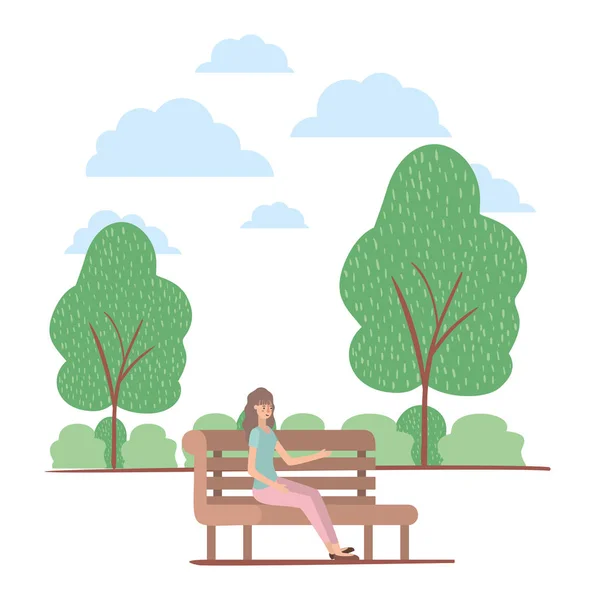 Jovem mulher sentada em cadeira no parque —  Vetores de Stock