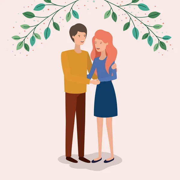 Amanti coppia con foglie personaggi corona — Vettoriale Stock
