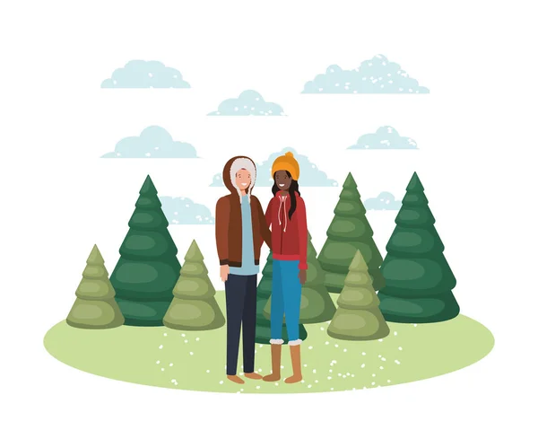 Couple avec des vêtements d'hiver et des pins d'hiver avatar caractère — Image vectorielle