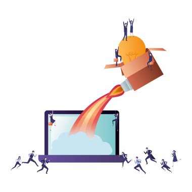 latop ekran ve ampul roket ile kutu