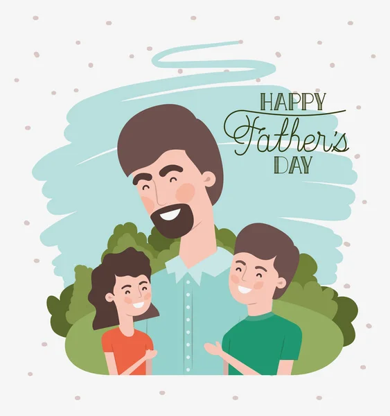 Happy fathers day card with dad and kids — Stock Vector