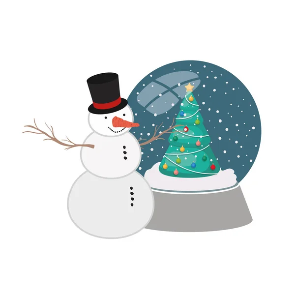 Árbol de navidad en bola de cristal con muñeco de nieve — Vector de stock