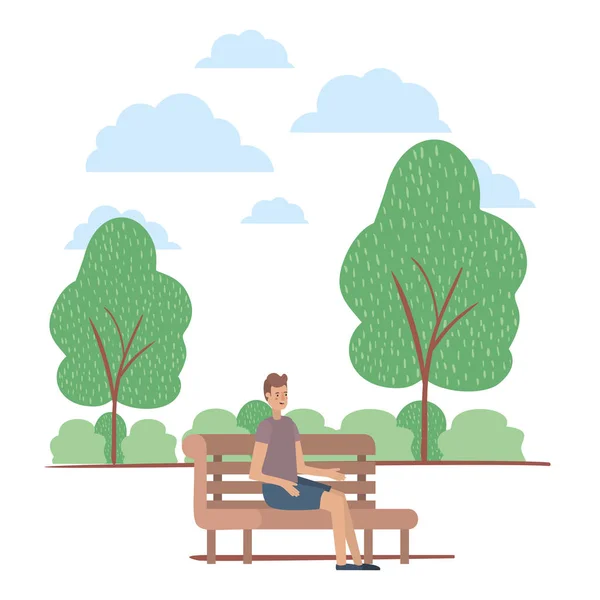 Junger Mann sitzt im Stuhl im Park — Stockvektor
