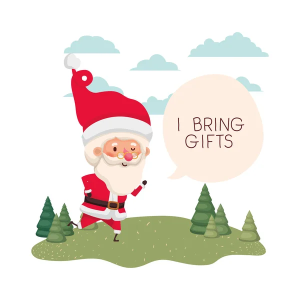 Papai Noel com bolha de fala sobre natal e árvores — Vetor de Stock