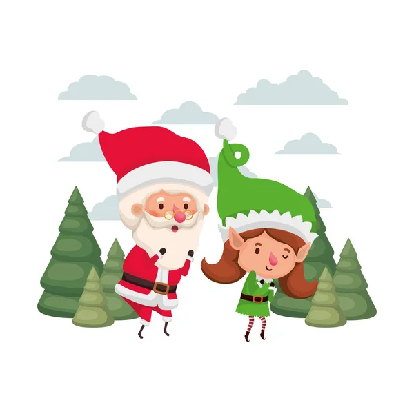 Santa claus com elfo mulher se movendo com árvores de natal — Vetor de Stock