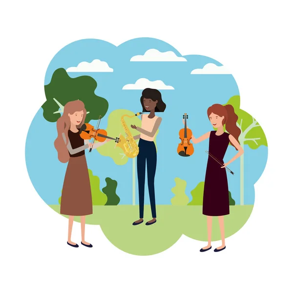 Mulheres com instrumentos musicais na paisagem —  Vetores de Stock