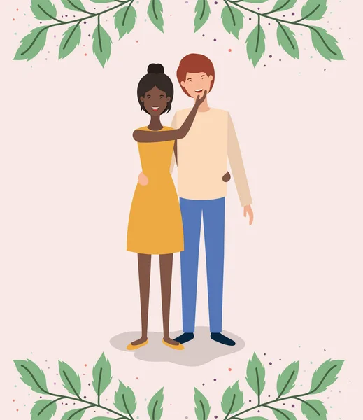 Amoureux interracial couple avec des personnages de la couronne de feuilles — Image vectorielle