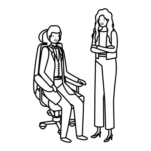 Hombre sentado en silla de oficina y mujer de pie — Vector de stock