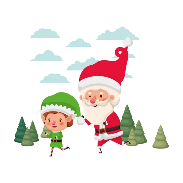 Santa Claus s elfem, který se pohybuje s vánočními stromy — Stockový vektor