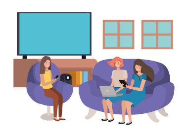 oturma odasında teknolojiyi kullanan kadın grubu