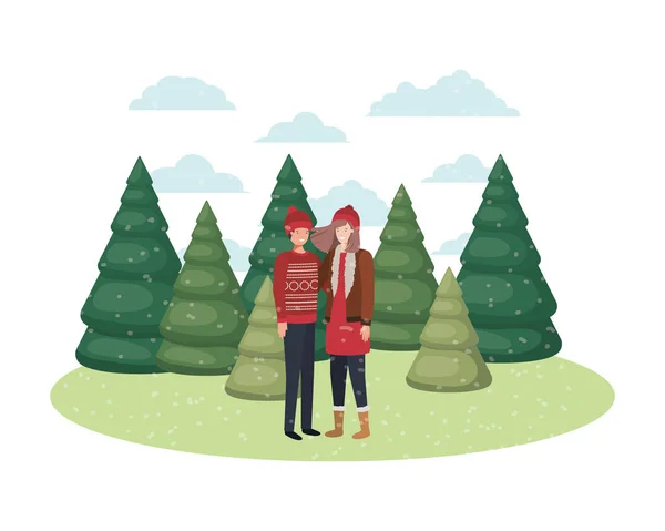 Couple avec des vêtements d'hiver et des pins d'hiver avatar caractère — Image vectorielle